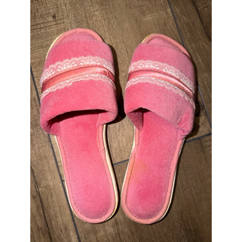 Pink Velour Lace Trim Open Toe Slippers Slides Large 8-9 Handcrafted Mexico